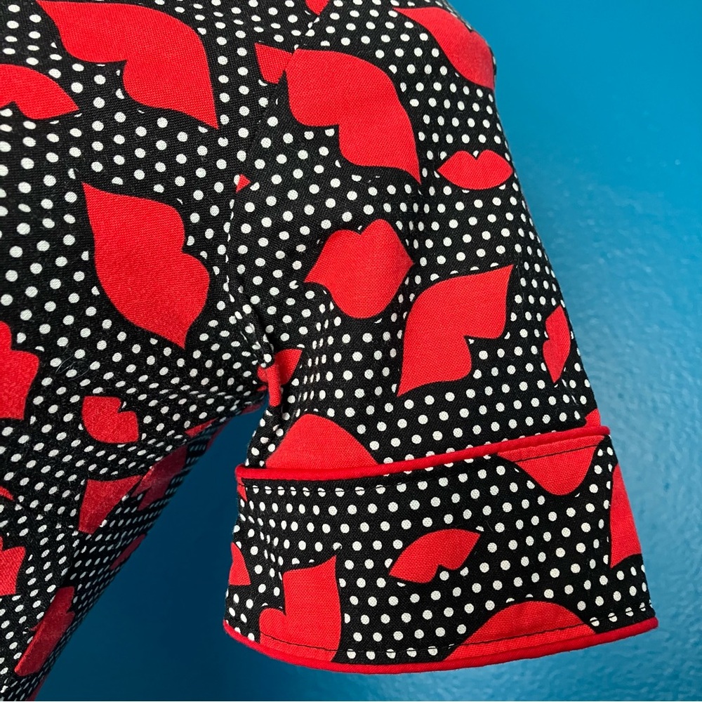 Retrolicious Retro Lips Fit & Flare Dress in Red & Black Polka Dot w/ Collar - Picture 7 of 15
